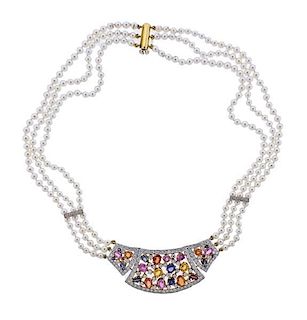18k Gold Sapphire Diamond Pearl Necklace