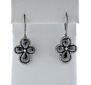 18k Gold Black White Diamond Flower Earrings