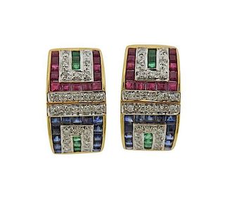 14k Gold Diamond Emerald Sapphire Ruby Earrings