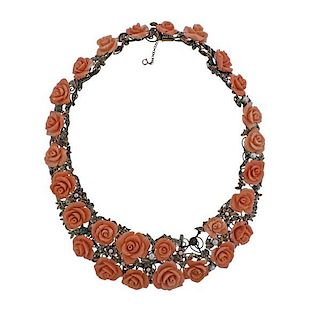 Gold Silver Carved Coral Pearl Diamond Necklace