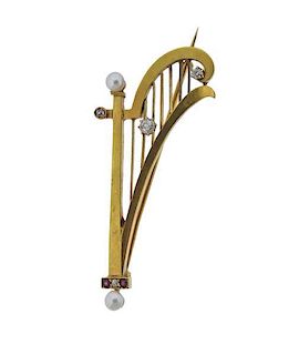 Antique 18k Gold Harp Diamond Pearl Brooch