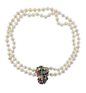 14k Gold Diamond Emerald Ruby Sapphire Pearl Necklace