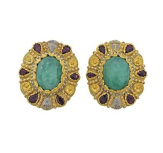 Cazzaniga 18k Gold Emerald Diamond Ruby Earrings