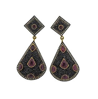High Karat Gold Diamond Ruby Large Earrings