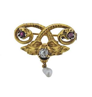 Art Nouveau 14K Gold Diamond Ruby Pearl Snake Brooch
