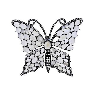 Large Silver Gold Moonstone Diamond Butterfly Brooch