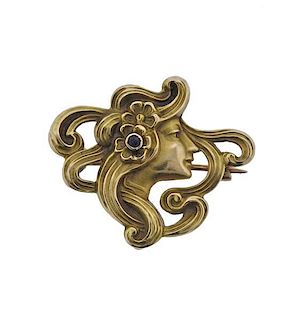 Art Nouveau 14k Gold Sapphire Brooch Pendant