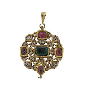 High Karat Gold Diamond Ruby Emerald Enamel Pendant