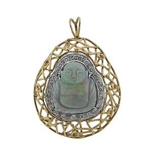 Large 14K Gold Diamond Opal Buddha Pendant