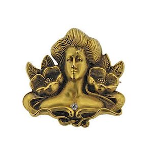 Art Nouveau 14k Gold Diamond Brooch
