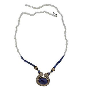 14k Gold Diamond Sapphire Pearl Pendant Necklace