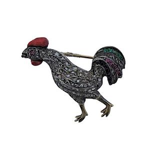 Silver Gold Diamond Coral Sapphire Ruby Rooster Brooch