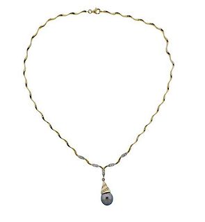 14k Gold Tahitian Pearl Diamond Pendant Necklace