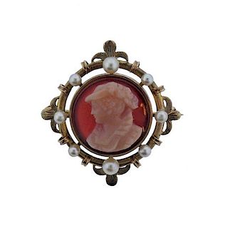 Antique 14k Gold Pearl Cameo Brooch