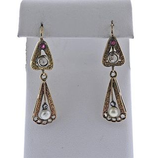 Antique 14K Gold Diamond Pearl Drop Earrings