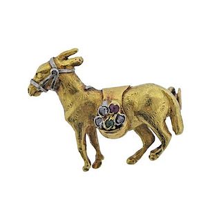 18K Gold Diamond Gemstone Donkey Brooch