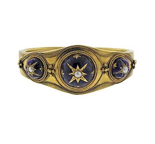 Antique English 15k Gold Pearl Enamel Bracelet