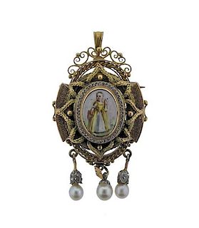 Antique 14K Gold Diamond Miniature Painting Pearl Brooch Pendant
