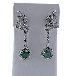 Platinum Emerald Diamond Drop Earrings