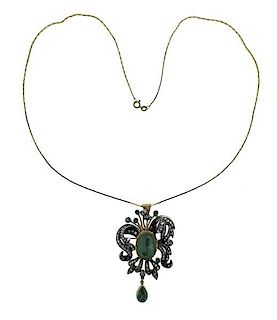 14K Gold Diamond Emerald Pendant Necklace
