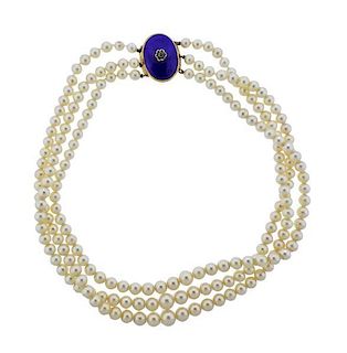 Antique 14K Gold Pearl Enamel Gemstone 3 Strand Necklace