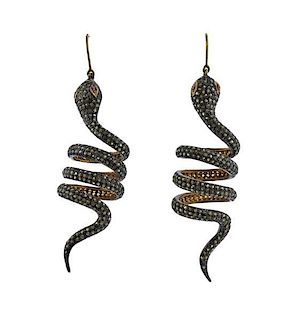 14k Gold Silver Diamond Snake Earrings