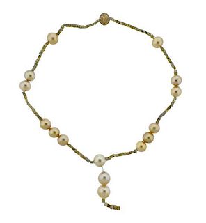 18K Gold Diamond Pearl Station Necklace