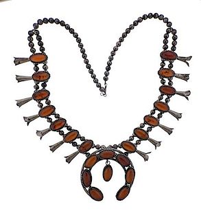 Native American Sterling Amber Squash Blossom Necklace