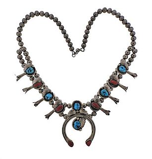 Native American Sterling Coral Turquoise Squash Blossom Necklace