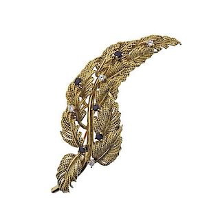 Tiffany &amp; Co Schlumberger Gold Sapphire Diamond Leaf Brooch