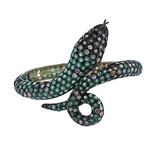 Silver Diamond Emerald Snake Bracelet
