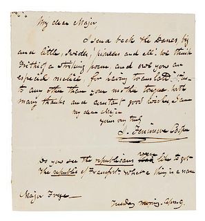 * COOPER, James Fenimore (1789-1851). Autograph letter signed ("J. Fenimore Cooper"), to Major W. E. Frye. N.p., 9 April [no 