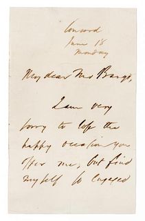 * EMERSON, Ralph Waldo (1803-1882). Autograph letter signed ("R.W. Emerson"), to Mr. Edward Bangs. Concord, 18 June (no year)