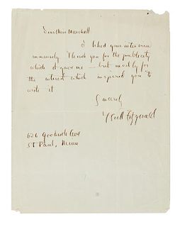 * FITZGERALD, F. Scott (1896-1940). Autograph letter signed ("F. Scott Fitzgerald"), to Miss Marshall. St. Paul, Minn., n.d. 