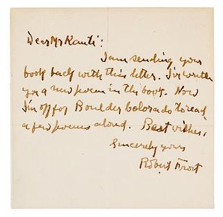 * FROST, Robert (1874-1963). Autograph letter signed ("Robert Frost"), to Mr. Kanti. n.p., n.d.