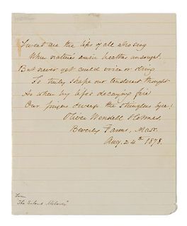 * HOLMES, Oliver Wendell. Autographed quotation signed ("Oliver Wendell Holmes"), Beverly Farms, Massachusetts, 24 August 187