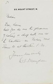 * MAUGHAM, W. Somerset. Autographed letter signed ("W.S. Maugham"), to Lane [art collector Sir Hugh Lane], London, n.d. [ca J