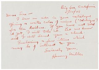 * MILLER, Henry (1891-1980). Autograph letter signed ("Henry Miller"), to an unnamed recipient. Big Sur, CA, 12 May 1948.