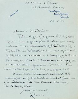 * RUSSELL, Bertrand (1872-1970). Autograph letter signed ("Russell"), to Mr. Arcott. Richmond Surrey, 26 March 1951.