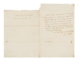 * SAND, George (1804-1876). Autograph letter signed ("G. Sand"), in French, to Monsieur Brewster. N.p., n.d. ("Saturday").