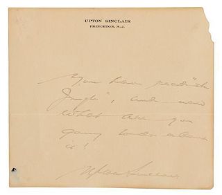 * SINCLAIR, Upton (1878-1968). Autograph note signed ("Upton Sinclair"), to an unnamed recipient. N.p., n.d.