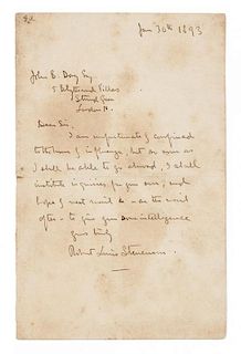 * STEVENSON, Robert Louis. Autographed letter signed ("Robert Louis Stevenson"), to his publisher John B. Day, London, 30 Jun