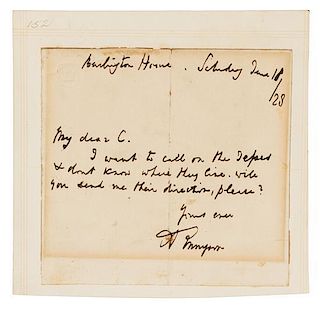 * TENNYSON, Alfred, Lord (1809-1892). Autograph letter signed ("A. Tennyson"), to "My dear C". Burlington House, 18 June 1828