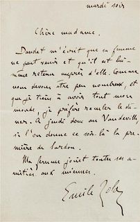 * ZOLA, Emile (1840-1902). Autograph letter signed ("Emile Zola"), to an unnamed recipient. N.p., "Tuesday Evening" (n.d.).