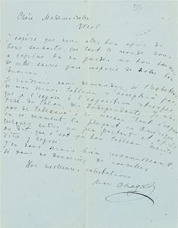 * CHAGALL, Marc. Autographed letter signed ("Marc Chagall"), in French, to Mademoiselle [Nelle] Weil, n.p., 21 January, no ye