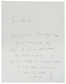 * COCTEAU, Jean. Autographed letter signed ("J.C."), to Manuel Gasser, n.p., n.d. [postmarked Milly la foret, 18 January 1962