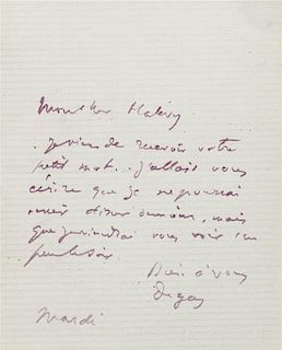 * DEGAS, Edgar (1834-1917). Autograph letter signed ("Degas"), in French, to Monsieur Halevy. N.p., n.d.