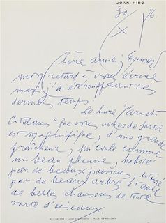 * MIRO, Joan (1893-1983). Autograph letter signed ("Miro"), to publisher Rosabianca Skira. Geneva, 30 October 1976.