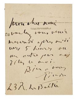 * PICASSO, Pablo (1881-1973). Autograph note on a postcard signed ("Picasso"), in French, to an unnamed recipient. Paris, n.d