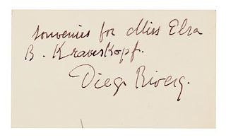 * RIVERA, Diego (1886-1957). Autograph note signed ("Diego Rivera"), to Miss Elsa B. Krauskoph. N.p., n.d. [ca 1930s?].